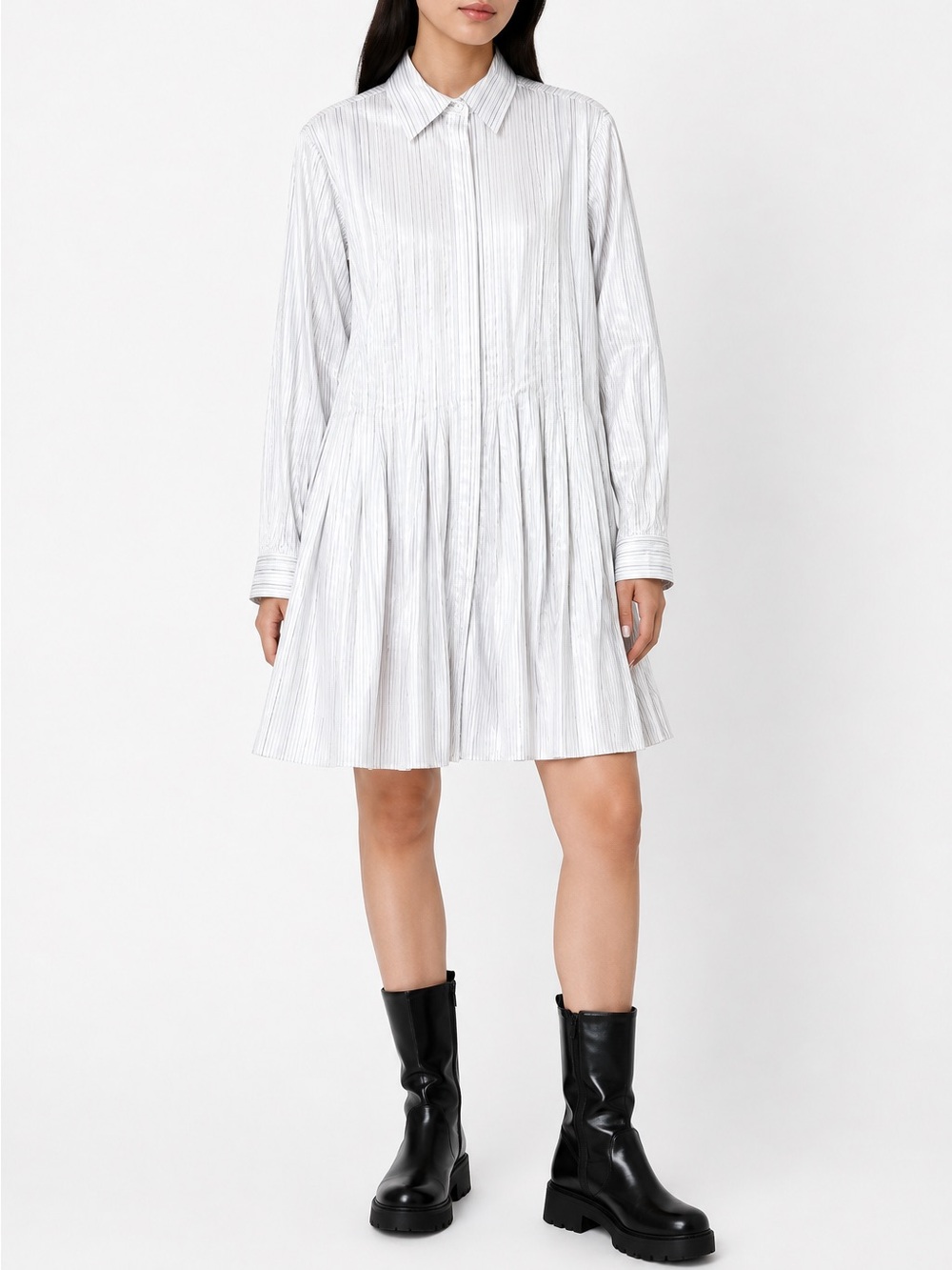 NWT Sacai Striped Pleated Mini Shirt Dress White Cotton Coated Sz 3